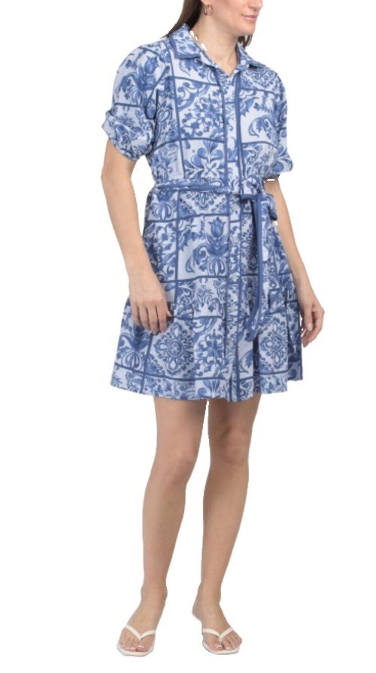 LEA blue and white Mediterranean majolica tile-print shirt dress Size L
